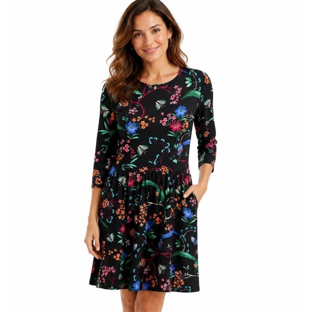 Jude Connally 3/4 Sleeve Floral Pleated Mini Dress Multicolor Pockets Size Small